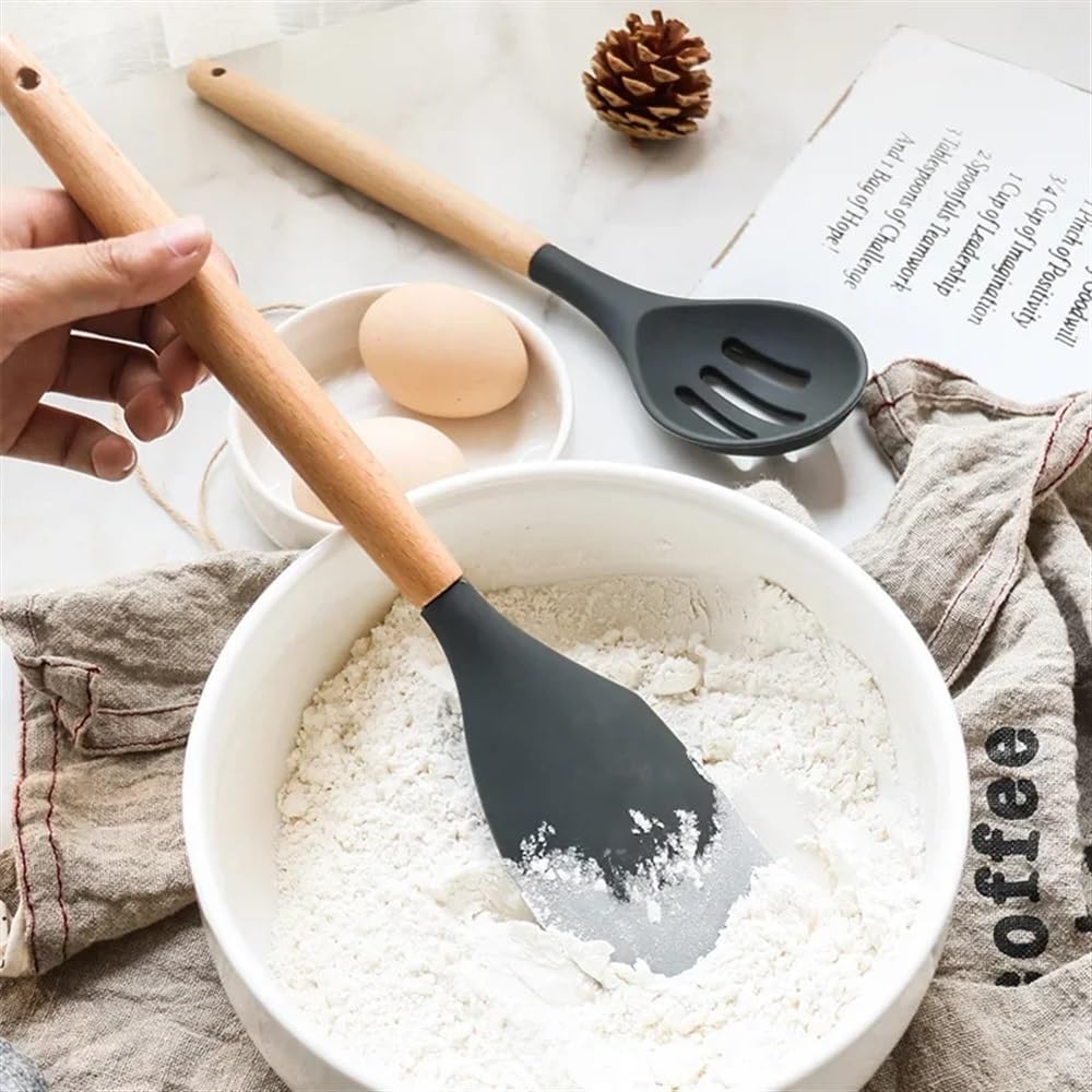 Set di utensili da cucina antiaderenti in silicone, 12 pezzi, spatola, pala, frusta per uova, manico in legno, set di utensili da cucina (nero, 12 pezzi)