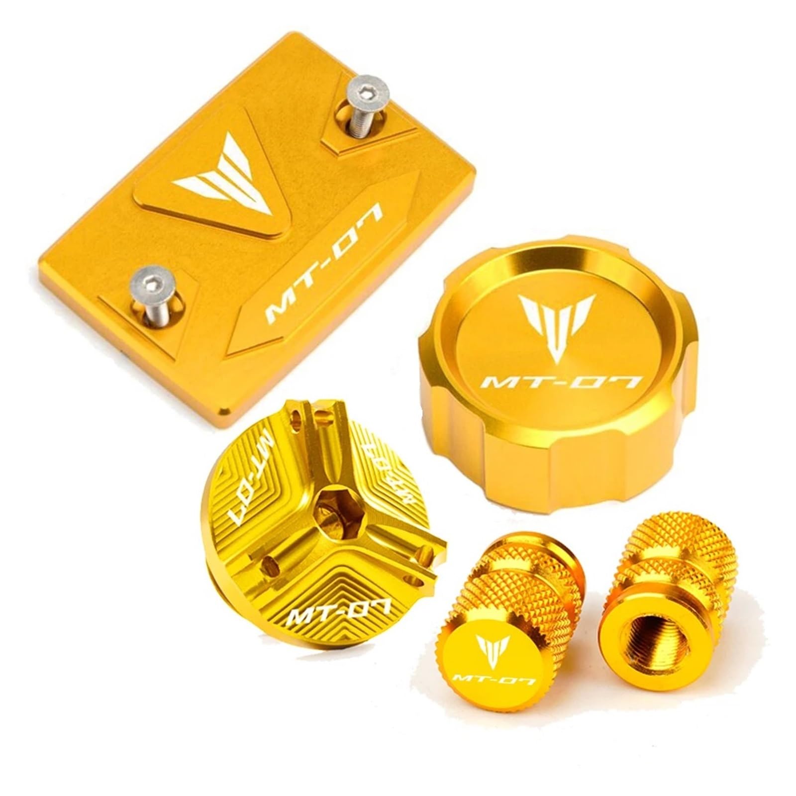 Compatible con MT07 MT-07 MT 07 FZ07 2015-2025 2024 2023 2022 Tapa de depósito de líquido de Freno Delantero Trasero Tapa de llenado de Aceite Tapa de válvula de neumático(1 Set-Gold)
