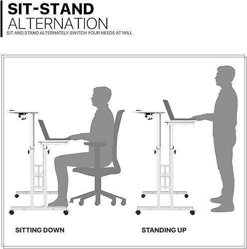Miniatura 8 de MoNiBloom Escritorio móvil de pie con altura ajustable para computadora, mesa de carrito con 2 plataformas para oficina en casa, aula con ruedas,