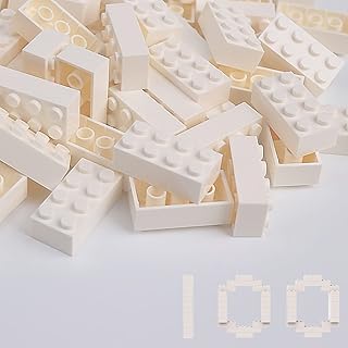 Classic Building Bricks 100 Pieces 2x4 White, Classic Brick Block Parts and Pieces 3001, Compatible with Lego, Age 6+ Creative Building Block Toys for Kids