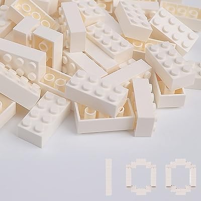 Classic Building Bricks 100 Pieces 2x4 White, Classic Brick Block Parts and Pieces 3001, Compatible with Lego, Age 6+ Creative Building Block Toys for Kids