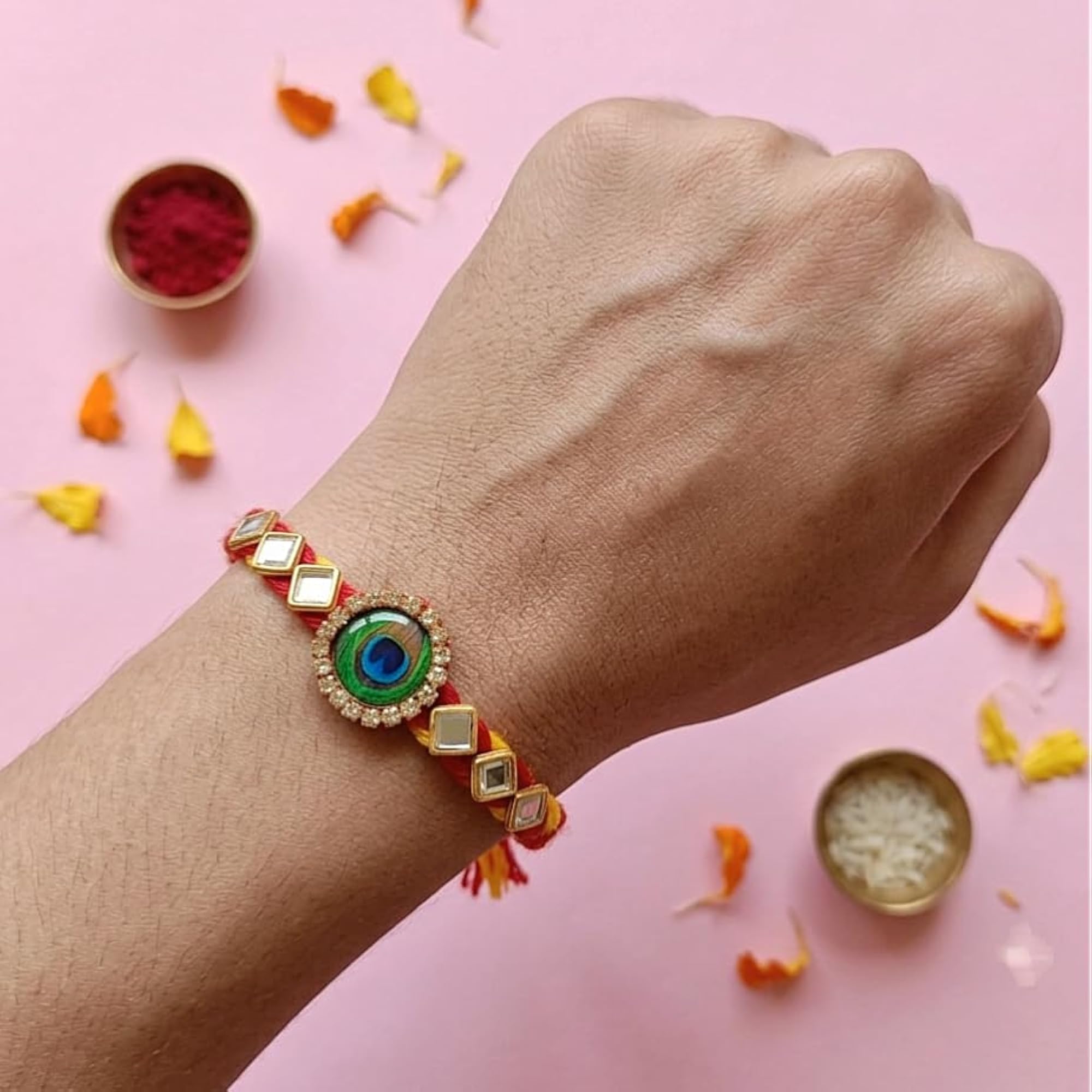 4pc Premium Peacock Rakhi Combo Set with Roli Chawal
