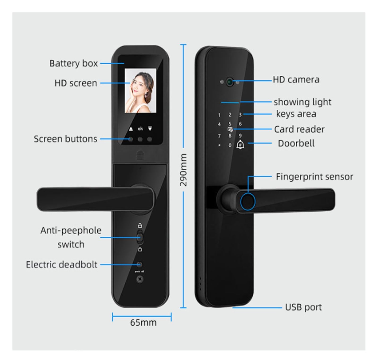 serrure connectée Serrure intelligente à empreintes digitales, avec caméra, serrure électronique numérique sans clé for porte d'entrée, for bureau, maison, chambre à coucher digitale