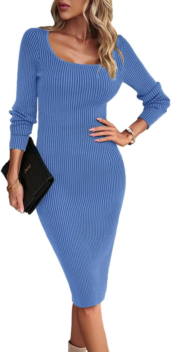 Women’s Long Sleeve Bodycon Sweater Dress Square Neck Ribbed Knitted Midi Dress with Slit Women’s Long Sleeve Bodycon Sweater Dress Square Neck Ribbed Knitted Midi Dress with Slit