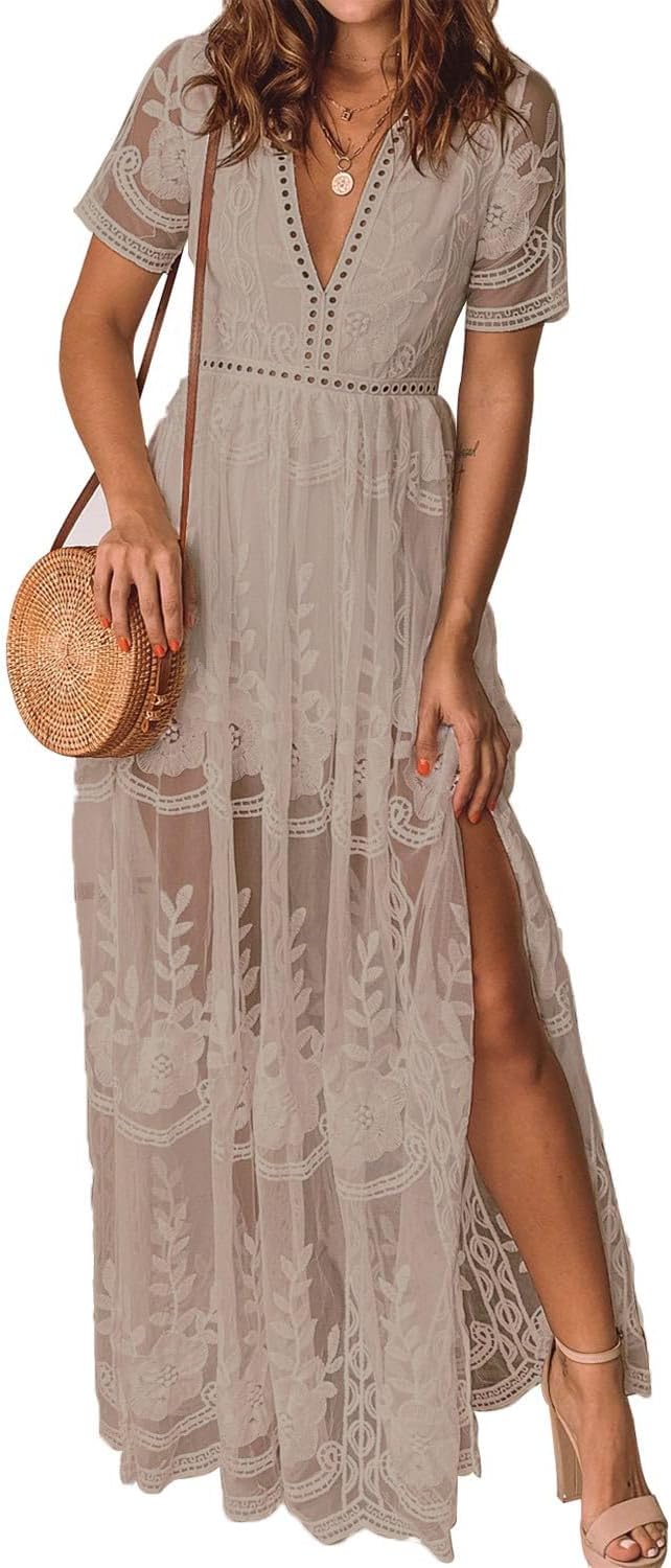 MERMAID'S CLOSETWomen's Casual Off Shoulder Lace Maxi Dress Boho White Bridesmaid Wedding Evening Party Dresses