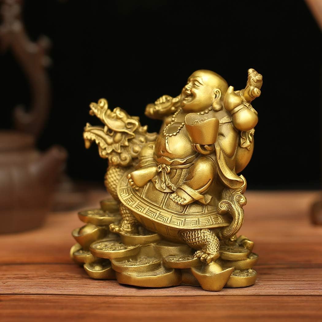 Estatuilla Buda Estatua De Buda Sonriente 4,7 Pulgadas Y Tortuga-Riqueza, Buena Fortuna Salud, Latón para Decoración del Hogar La Oficina Estatuas Decorativas
