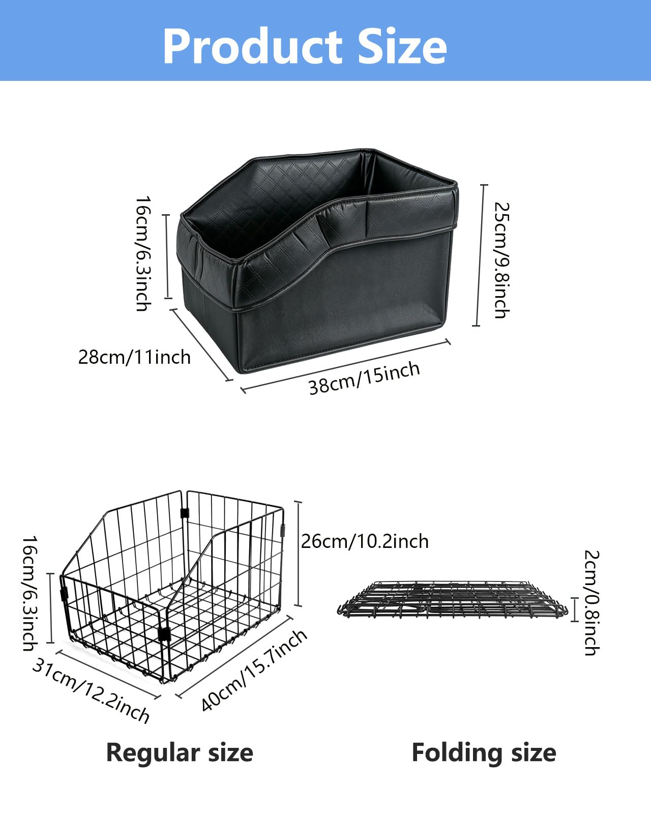 Cestino per Bicicletta Posteriore Portapacchi, Cestino Bici | in Metallo, 40 x 31 x 26 cm, Accessori Bici con Fodera in Similpelle PU Removibile, Rete e Copertura, Nero