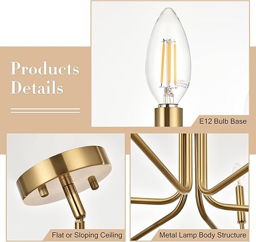 Miniatura 23 de Candelabro de níquel cepillado, 6 luces de granja para comedor, candelabro de metal cromado, lámpara colgante de techo de 28 pulgadas para cocina