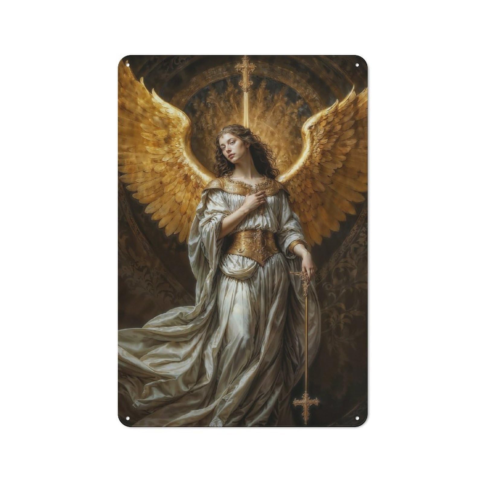 Junmoney Golden Archangel With Cross Rustic Tin Sign 30X20cm For Living Room Or Hallway, Suited To Living Room Decor Lovers