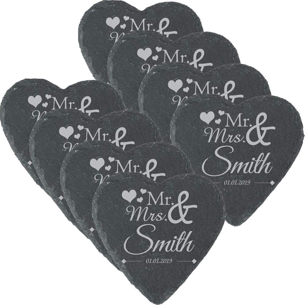 Personalised Engraved Heart Slate Wedding Coaster Mr&Mrs with Hearts Set of 8