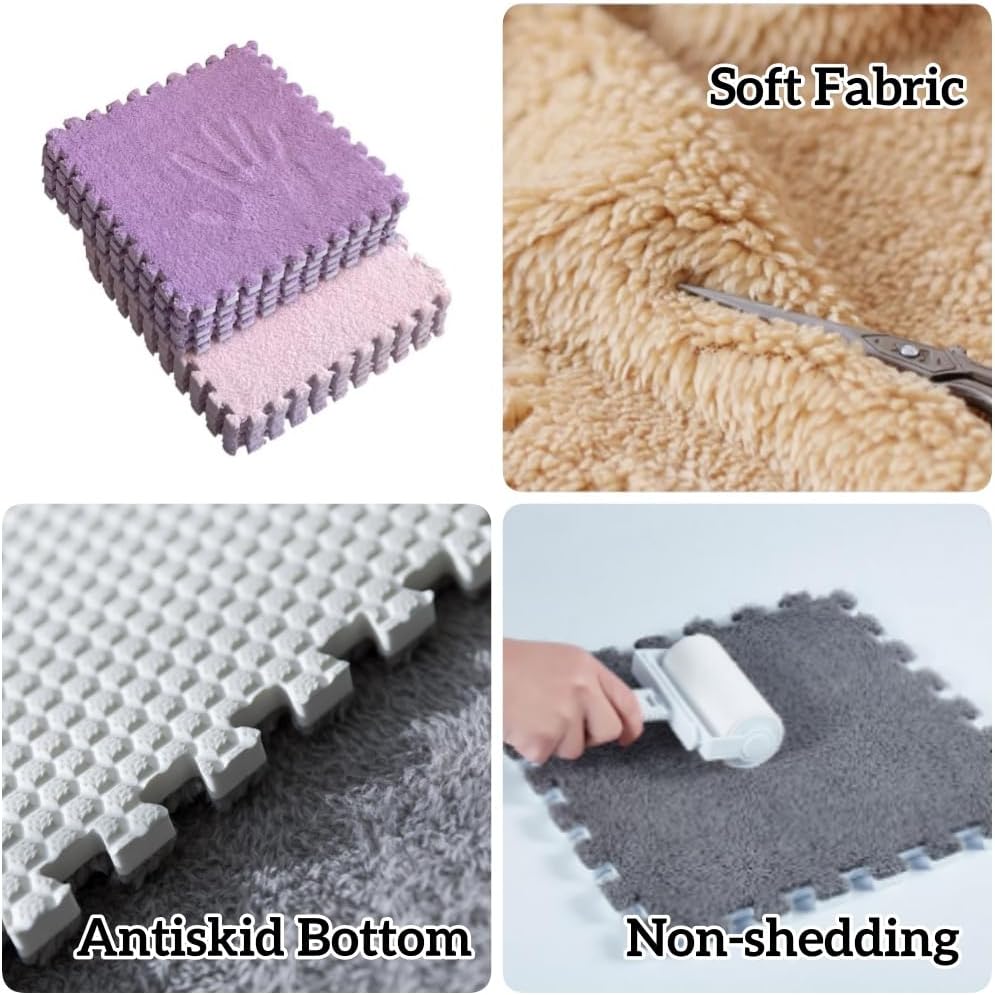 12Pcs Interlocking Carpet Tiles,12"x 12" Plush Interlocking Foam Carpet Tiles with Border,Fluffy Play Mat Floor Tiles Thick Padded Squares Foam Tiles for Playroom Decor (Grey+Black)