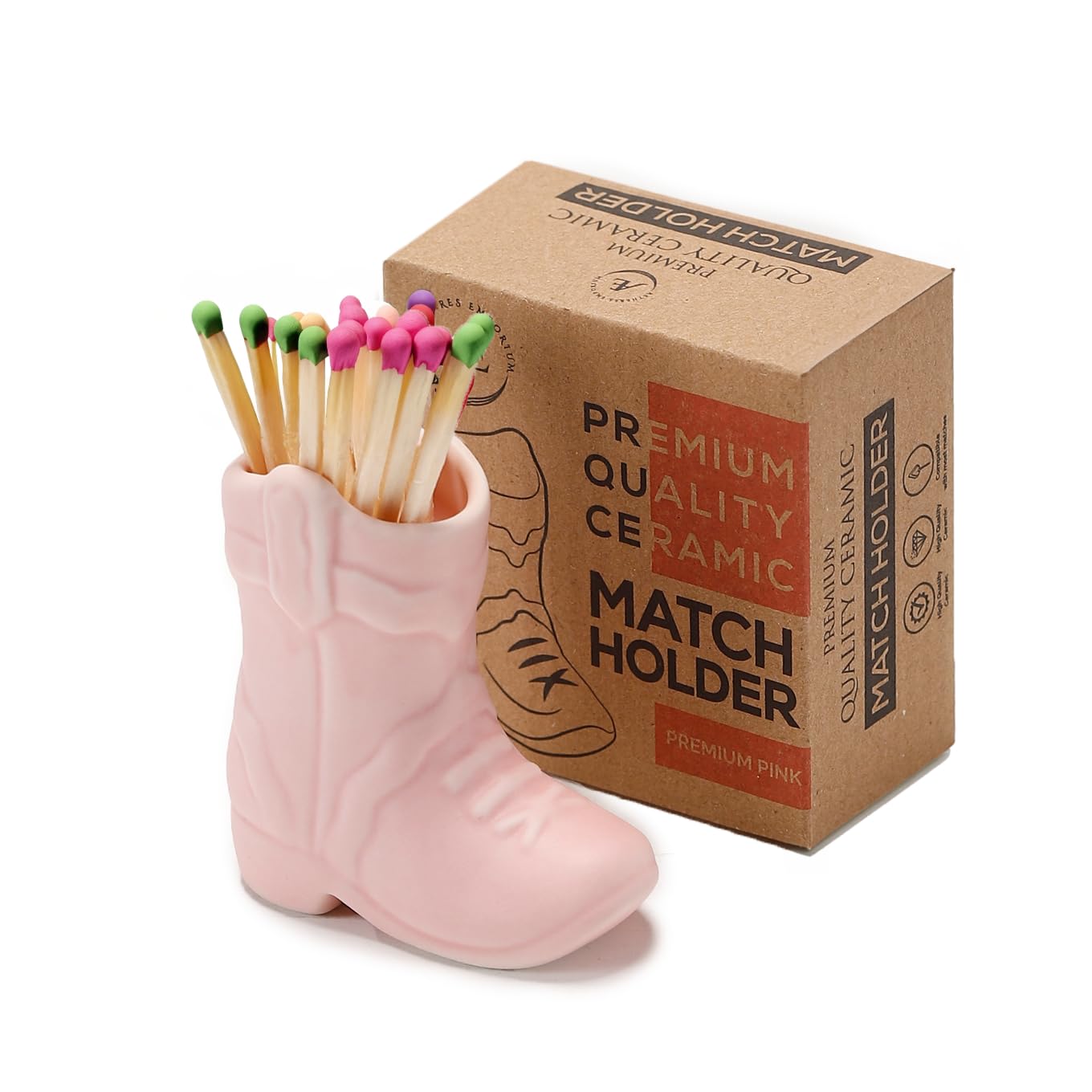 AetheresEmporium Ceramic Cowboy Boot Match Holder with Striker 4-Inch Portable Vintage Match Holder in Pink, Black, White or Terracotta - Cute Decor Match Holder (No Matchsticks Included) (Pink)
