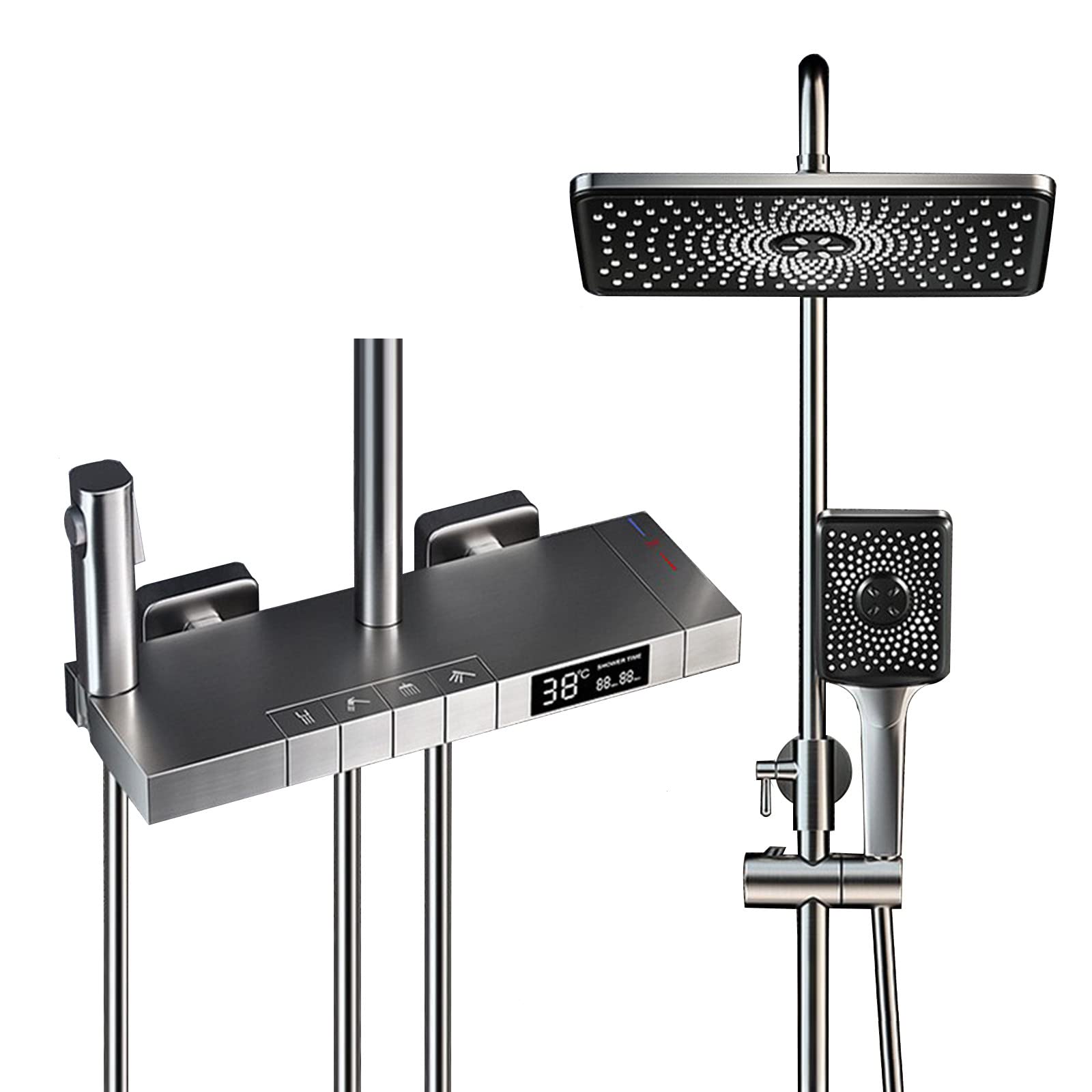ZYCHSJXA Shower Faucet Set Piano Key Thermostatic Exposed Modern Digital Display Fixture with Rain, Hand, Waterfall Tub Spout, Bidet Sprayer, Gun Gray