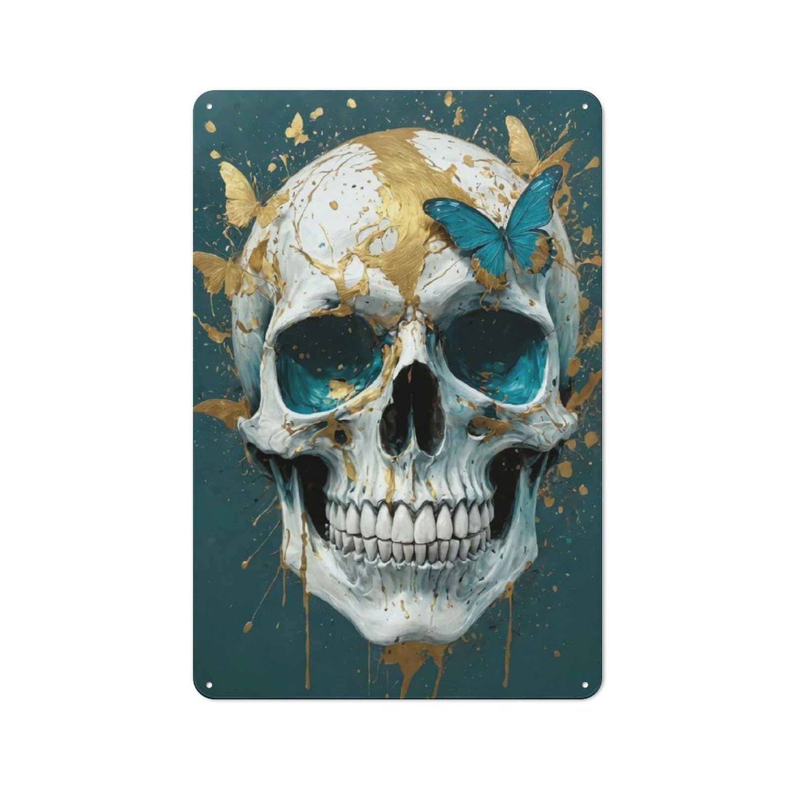 Junmoney Skull With Butterflies Tin Wall Plaque 30X20cm With For Pub Or Café, With Clear Vintage Wall Decor Character