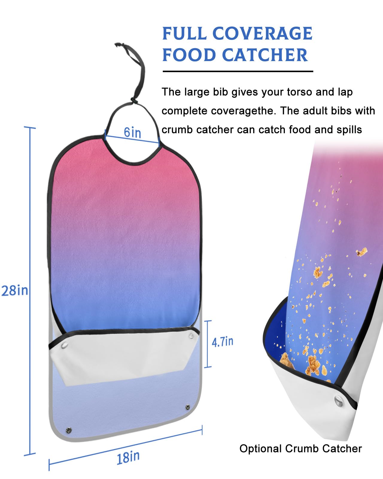 Kewadony Adult Bibs for Elderly Women - Pink and Blue Ombre Waterproof Dining Clothing Protectors with Crumb Catcher for Eating/Feeding, Gradient Colorful Terry Cloth Bib Machine Washable