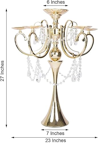 Miniatura 3 de Efavormart - Candelabro votivo de metal dorado de 27 pulgadas con 5 brazos y gotas de cristal colgantes