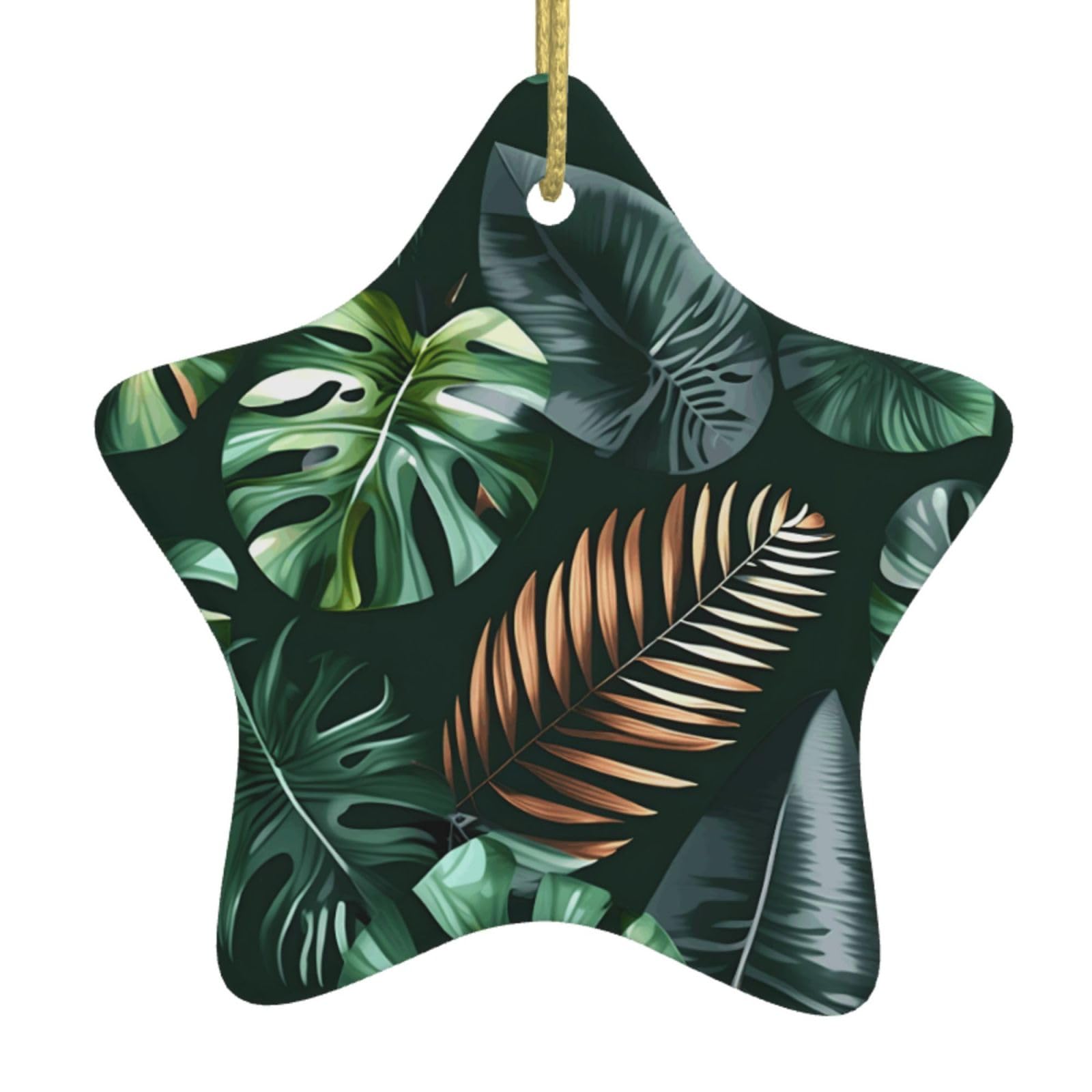 Nbtghga White Tropical Leaves Print Christmas Ornaments, Ceramic Hanging Ornament, Round Shape Decorations