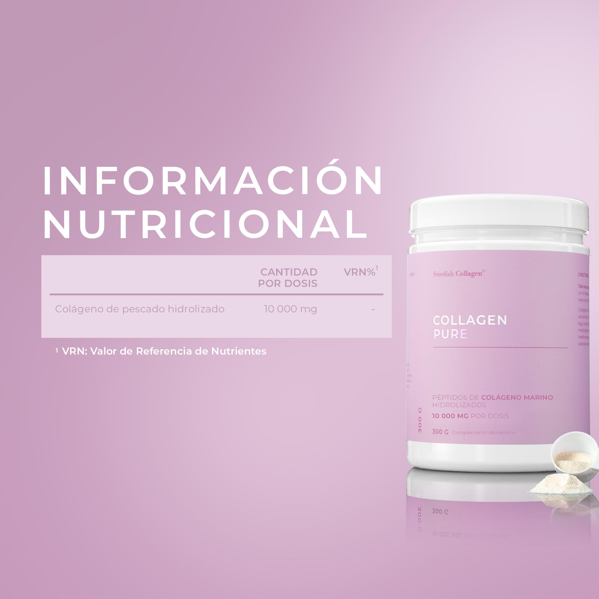 Swedish Collagen - Colágeno Marino Hidrolizado 10.000 mg - Suplemento en Polvo - 2 x 300 g (600 g en Total), Suministro para 60 días | Péptido Puro para Cabello, Piel, Uñas y Articulaciones 100%