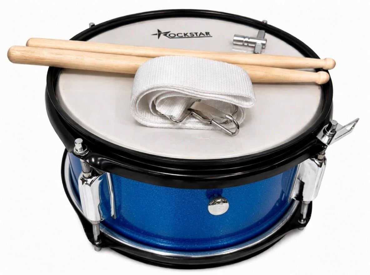 ROCKSTAR - Tambor de Madera Afinable SMS-1205BL 12" x 5" (30,5 x 12,7 cm) Caja de Marcha, Instrumento de Percusión con Bordón Ajustable, Correa y Baquetas Incluidas. Azul metalizado.