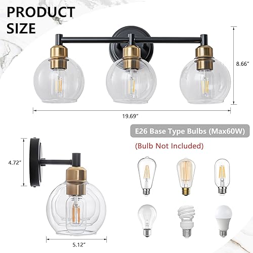 Miniatura 5 de Lámparas de baño, lámpara de tocador de baño moderna de 3 luces, aplique de pared negro y dorado con pantallas de globo de vidrio transparente,