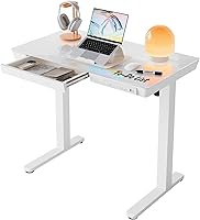 HUANUO Glass Standing Desk with Drawers - 35x20 Electric Height Adjustable, USB Ports, White Quick Install