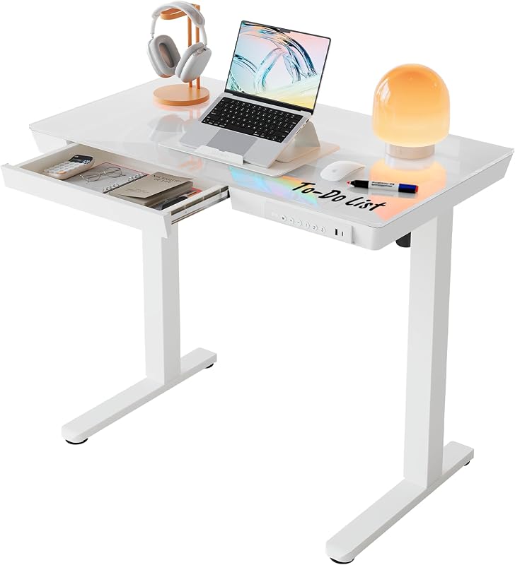 Glass Standing Desk with Drawers, 35 X 20 Inch Electric Adjustable Height Desk, Quick Install One-Piece Tabletop with USB Charging Ports, White