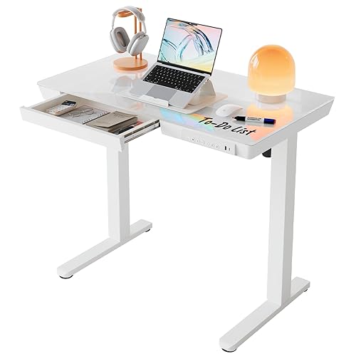 HUANUO Glass Standing Desk with Drawers, 35 x 20 Inch