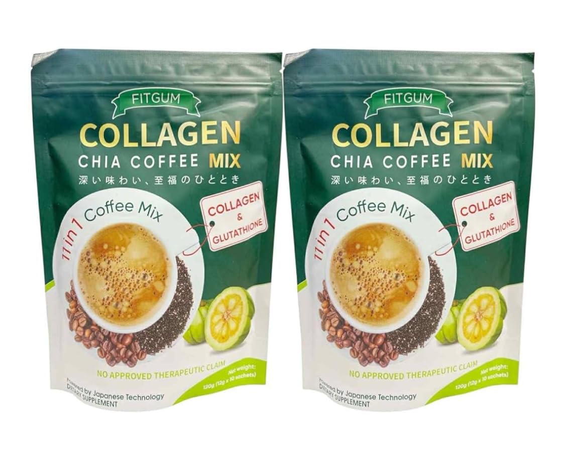 2 Packs FIT GUM Collagen Chia Coffee - 11 in 1 Coffee Mix (10 Sachets per Pack)