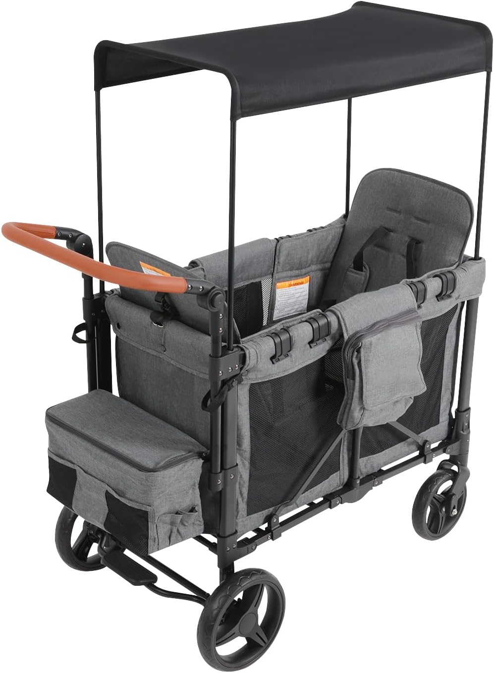 4-Seater Wagon Stroller with Adjustable Canopy, Convertible Seats & Removable Bench, 5-Point Harness, Parent Organizer & Snack Tray, Push/Pull Handle for Kids, Beach/Park Outdoor (Grey)