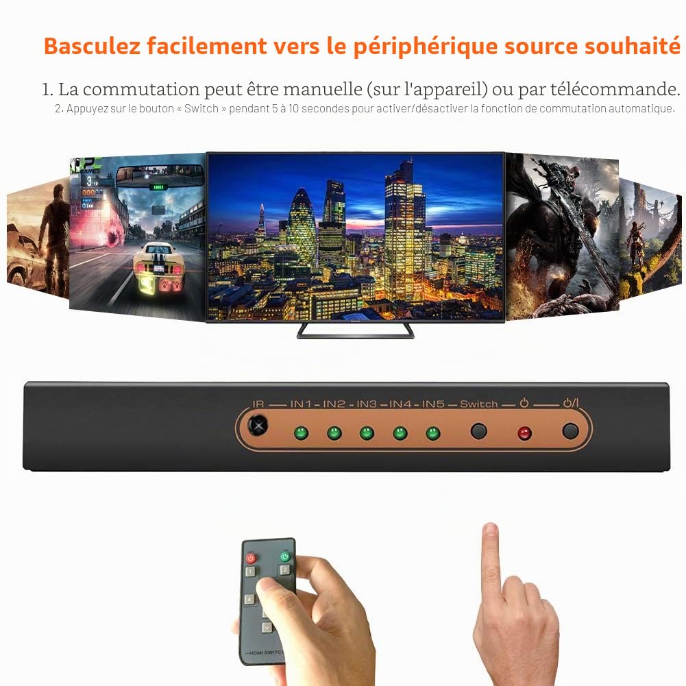 Switch HDMI 4k, 5 Entrée vers 1 Sorties Commutateur HDMI avec Télécommande IR Support 4K 60hz, 2K, 1080P, 3D, HDCP 2.2, UHD, HDR pour PS 3/4, XBOX One/360, Lecteur DVD, HDTV, Écran Projecteur