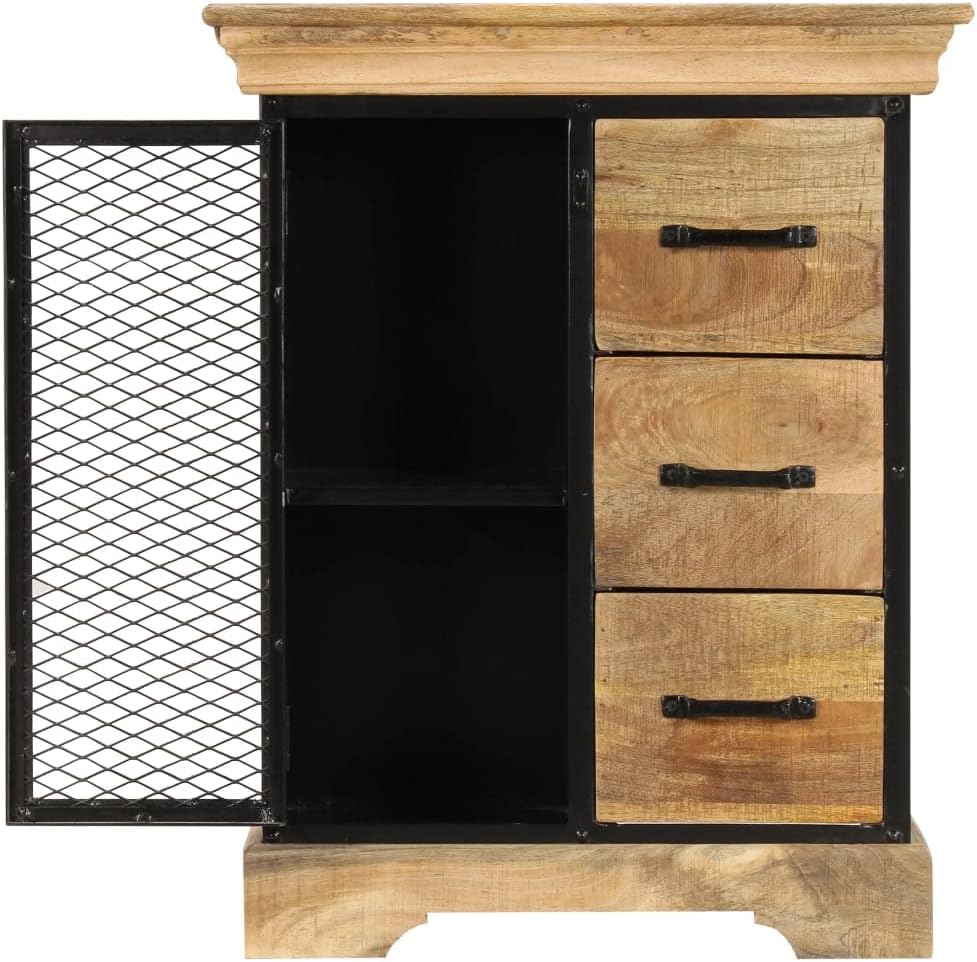 Solid Mango Wood Sideboard Cabinet with Powder-Coated Iron Frame, 3 Drawers and 2 Compartments, Industrial Vintage Storage Furniture for Living Room Dining Room Entryway