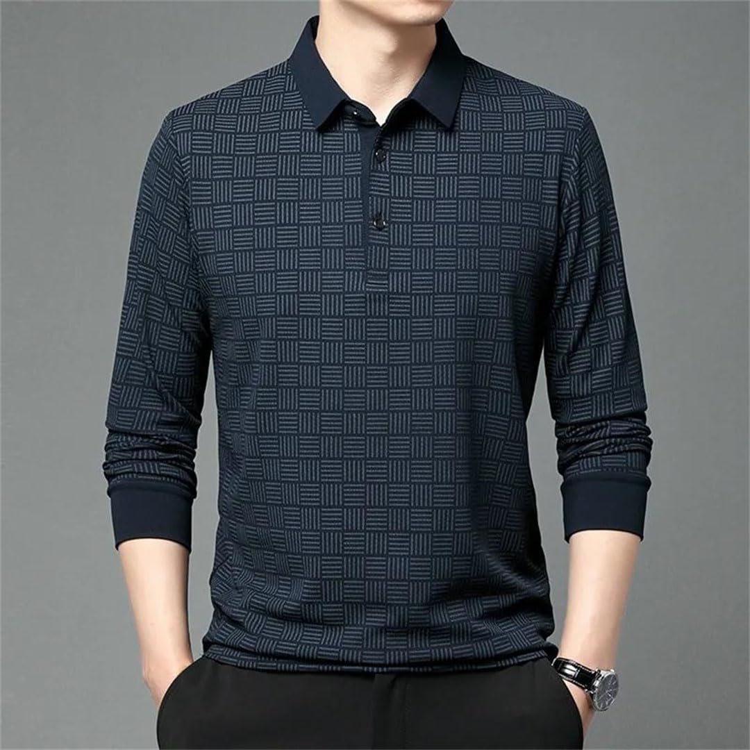 Camiseta polo de manga larga a cuadros para hombre, color liso, para hombre