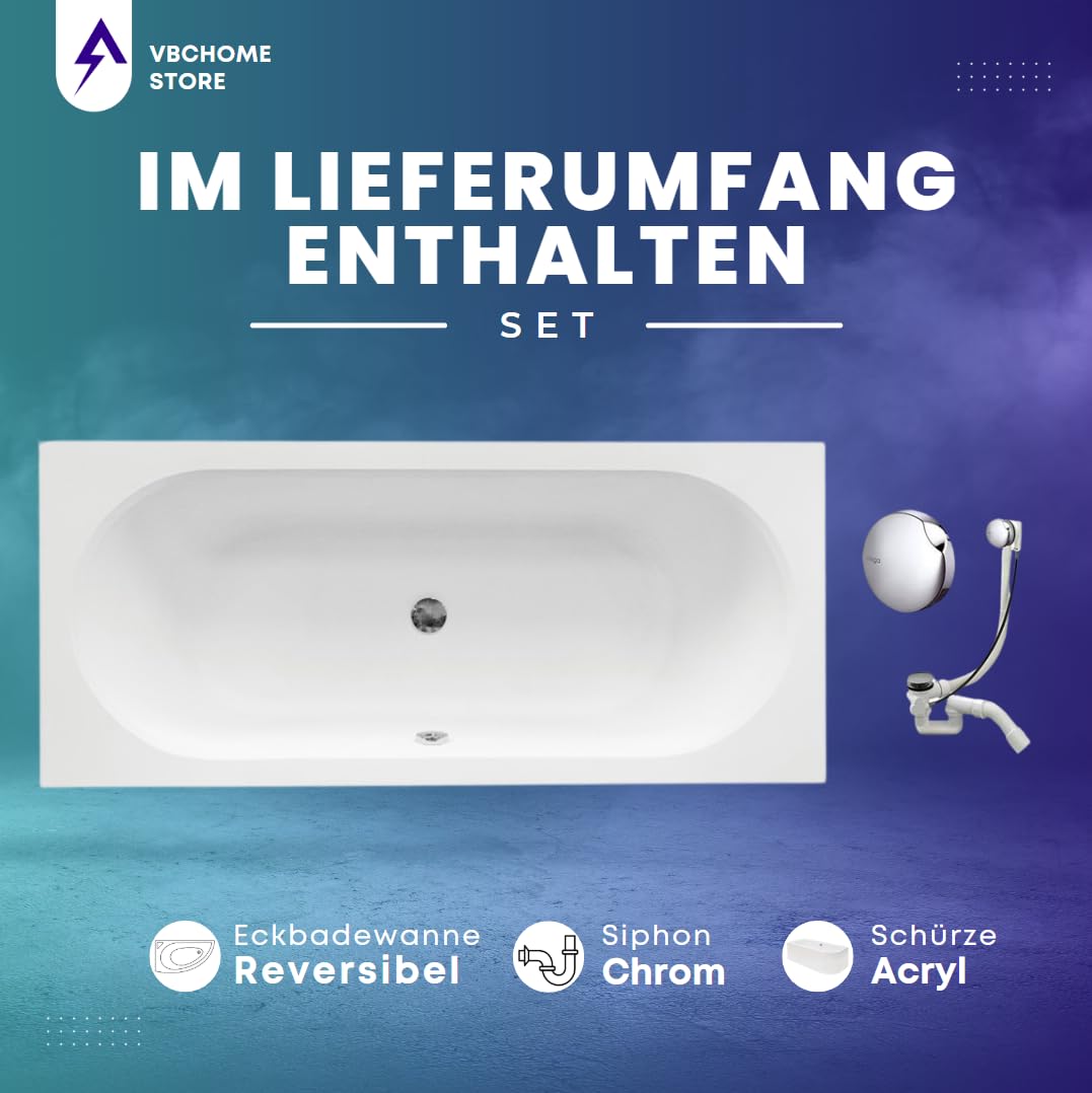 VBChome Badewanne 160 x 75 cm Acryl SET Schürze Siphon Acrylwanne Wanne Rechteck Weiß Design Modern Wannenfüßen Ablaufgarnitur Chrome