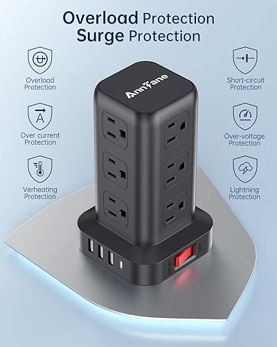 Vista 4 de Regleta protectora de sobretensiones, cable de 10 pies, torre de regleta de alimentación con 4 puertos USB (1USB C), cable de extensión con 12 tomas