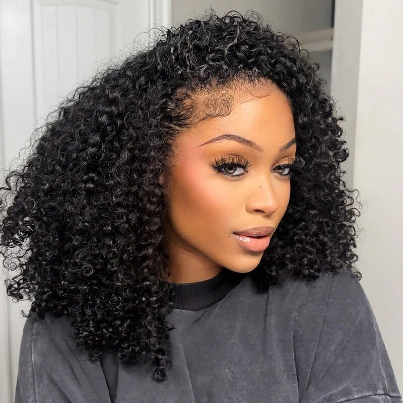 ISEE Half Wig Human Hair Glueless Wigs Upgrade 3 IN 1 Half Wig With Drawstring Seamless Clip Ins Flip Over Kinky Curly Human Hair No Glue No Lace For Women 180% Density 16 Inch
