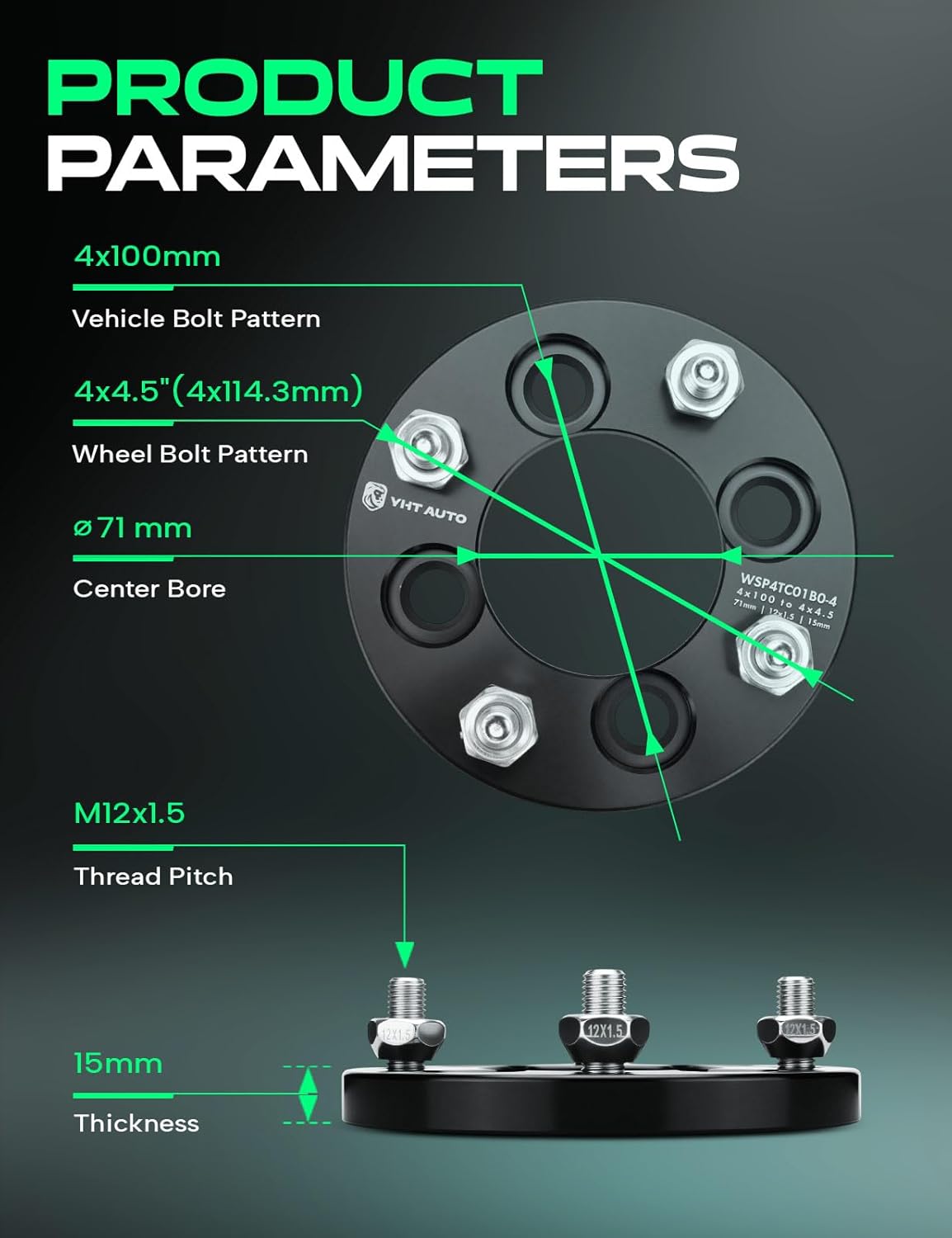 YHTAUTO 4x100 mm to 4x4.5 inch Wheel Adapters 15 mm Compatible with Acura, Chevrolet, Dodge, Ford, Honda, Mazda, Pontiac, Saturn, Scion, Toyota, w/ M12x1.5 71 mm Center Bore 4 Lug 4PCS