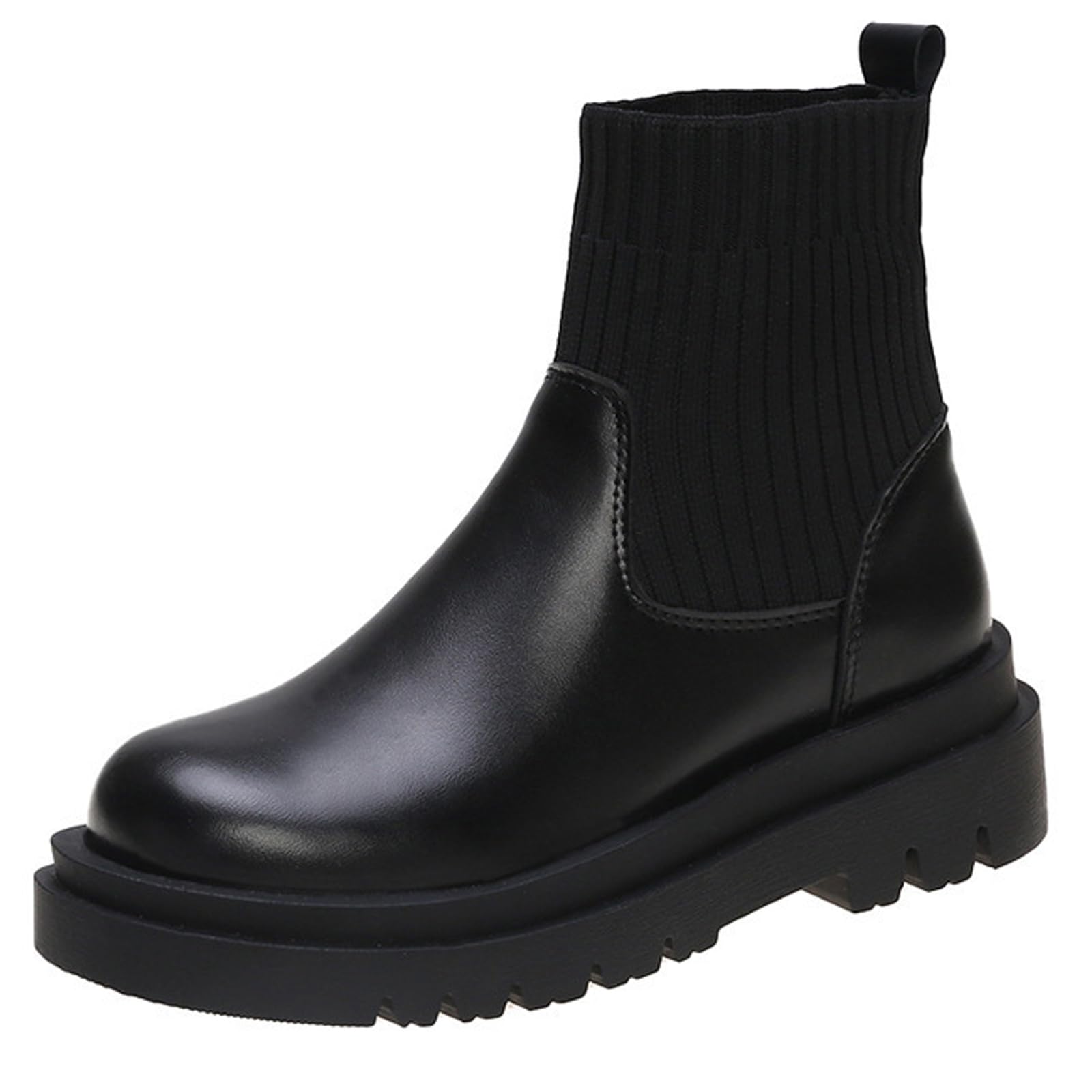 Womens Platform Chunky Heel Elastic Chelsea Boots Slip On Lug Sole Round Toe Leather Ankle Booties for Daily