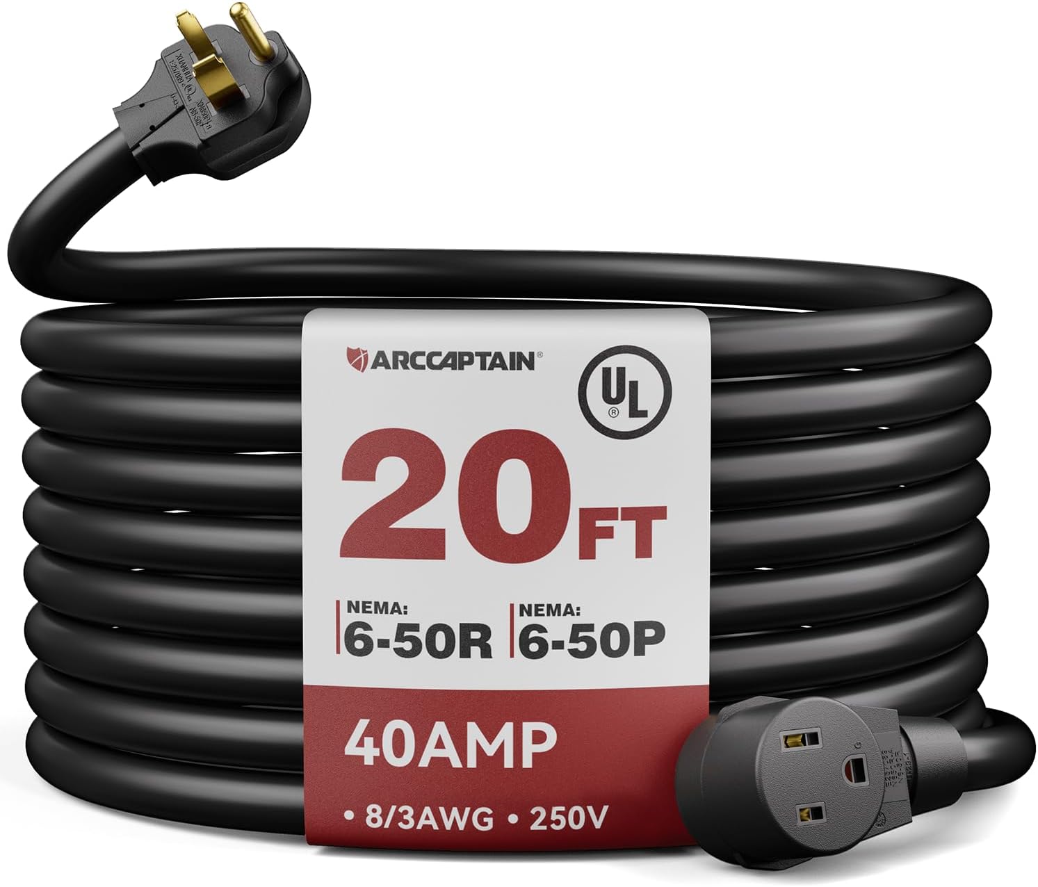 ARCCAPTAIN 40Amp 20ft Welder Extension Cord 8 AWG, 250V NEMA 6-50 Heat-Resistant Welding Cord 3 Prong for MIG/TIG/MMA Welder, Plasma Cutter