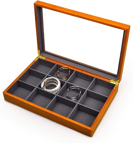 Miniatura 5 de Oirlv Joyero vintage de madera maciza de 12 rejillas, forro de microfibra, aretes, pulseras, collares, almacenamiento de joyas, cajón, bandeja
