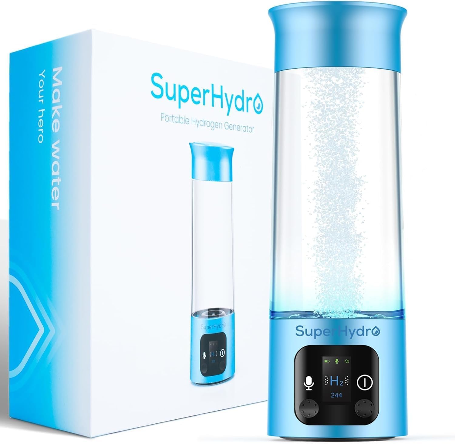 Superhydro Portable Hydrogen Water Bottle-12 oz Hydrogen Water Generator with SPE/PEM Technology, Up to 6000 PPB, Voice Hydration Suitable for Daily Hydration Blue