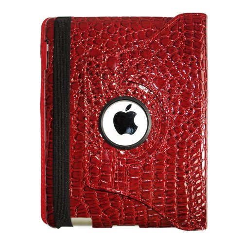 Ctech 360 Degrees Rotating Stand Leather Smart Case for Apple iPad 2 Red Luxury Crocodile Pattern (w/ Retail Box Packaging)