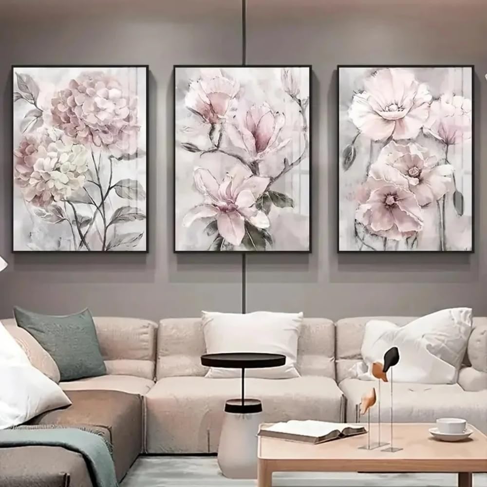 Hurcp Pink/Gray Set Of 3 Canvas Poster Modern Fantasy Beautiful Large Flowers Wall Art Prints Gift Bedroom Living Room Dorm Gallery Corridor Decor Picture,A3 (30X42cm)