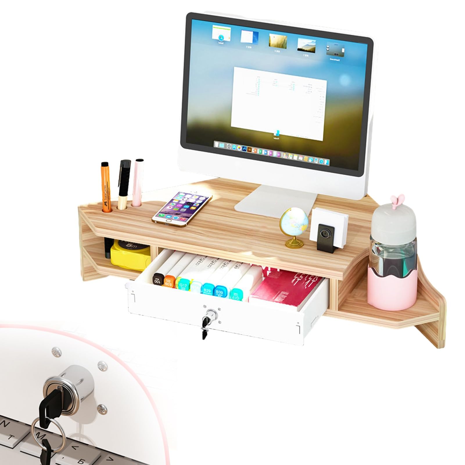 Ergonomiczna narożna podstawka pod monitor, drewniana narożna półka na biurko z uchwytami na kubki i 2-poziomową przestrzenią do przechowywania, trójkątna podstawka pod ekran druka