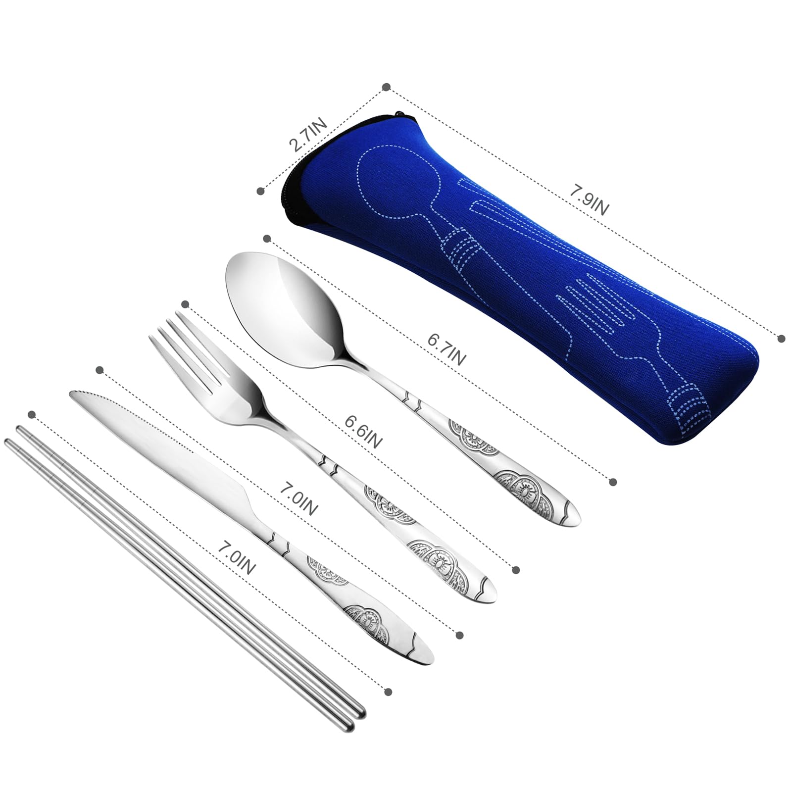 20-teiliges Premium-Reiseutensilien-Set mit Etui, Edelstahl, wiederverwendbar, tragbares Utensilien-Set mit Etui, lengnoyp Reise-Besteck-Set mit Tasche für Lunchbox, Camping, Silber