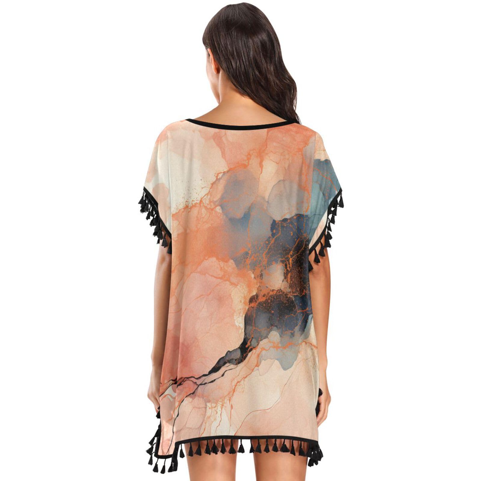 Orange Marble Abstract Art Women's Beach Cover Up Chiffon Tassel Swimwear Swimsuit Coverups for Girl