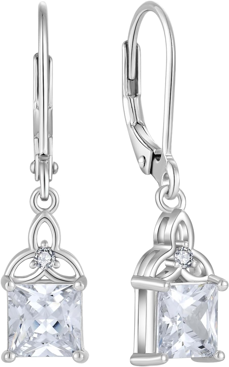 Celtic Knot Dangle Drop Earrings 925 Sterling Silver Princess Cut Leverback Earrings Birthstone Earring Trinity Irish Good Luck Jewelry Gifts for Women
