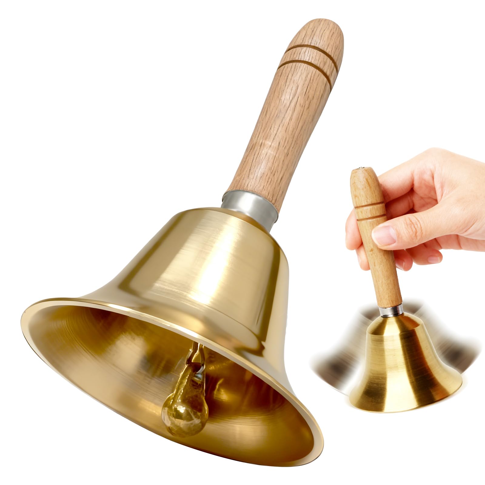 Campana a Mano, Campanello a Mano con Manico in Legno, Campana di Chiamata in Ottone Massiccio per Anziani a Casa, Matrimonio,Cena, Meditazione,Natale (14.5 * 8cm)