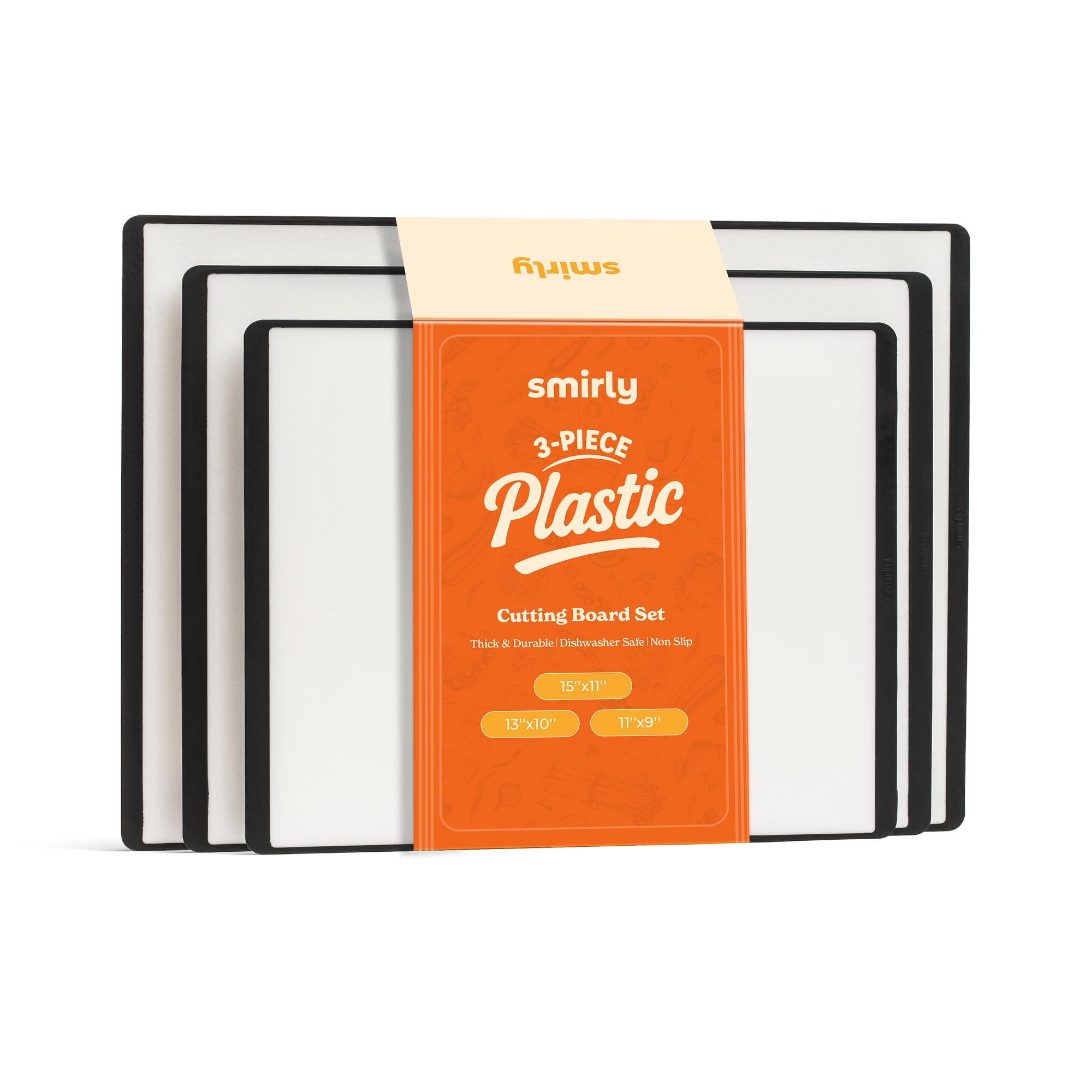 SMIRLY Plastic Cutting Board Set 3 Pieces, Non-Slip Dishwasher Safe Chopping Boards for Kitchen, Black & White