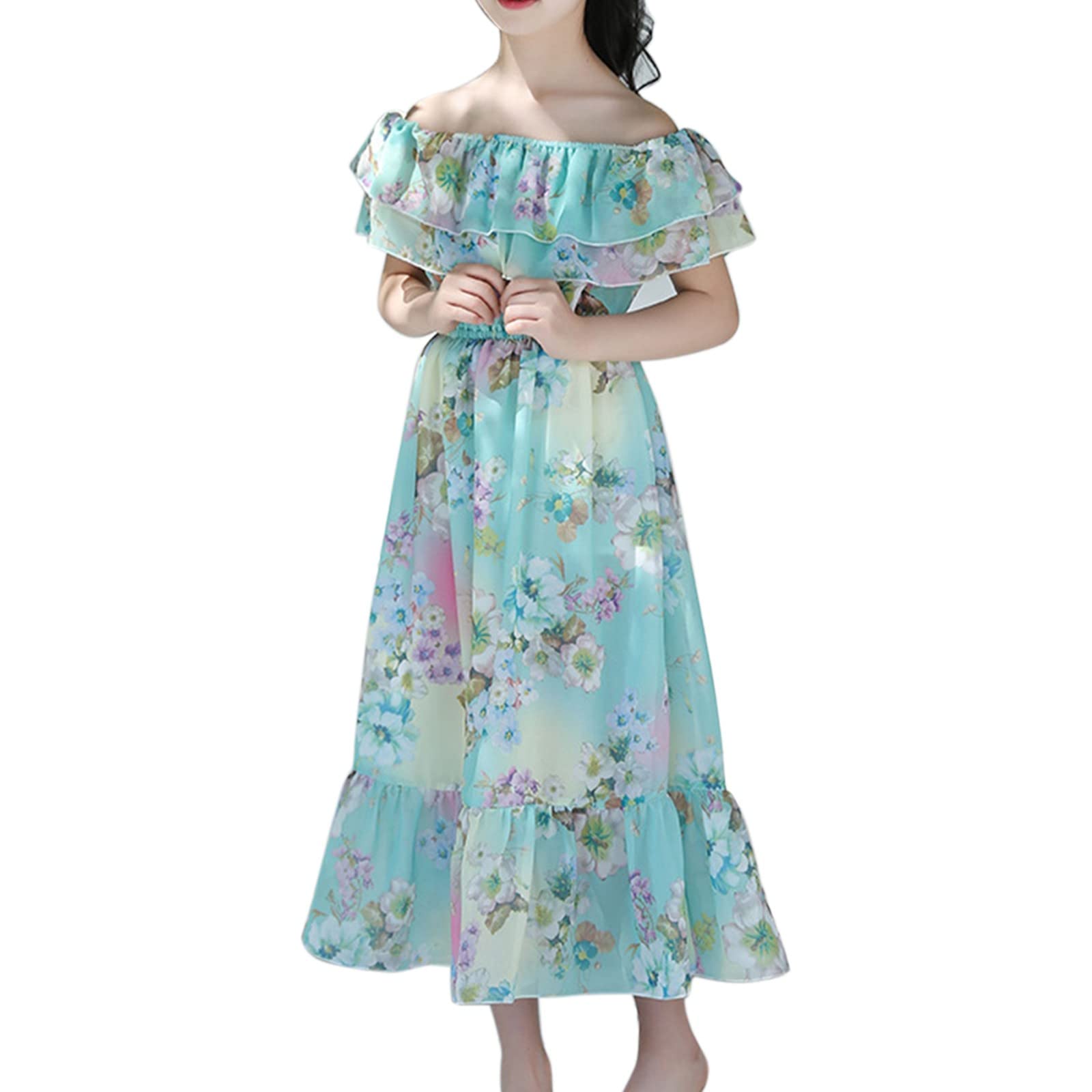 Kleid Kinder Mädchen - Chiffonkleid FüR Mädchen Im Sommer Im AusläNdischen Stil Mittellang Strand Schulterfrei Blumenkleid FüR GroßE Kinder Eignet Sich Als Hochzeitskleid FüR BlumenMädchen