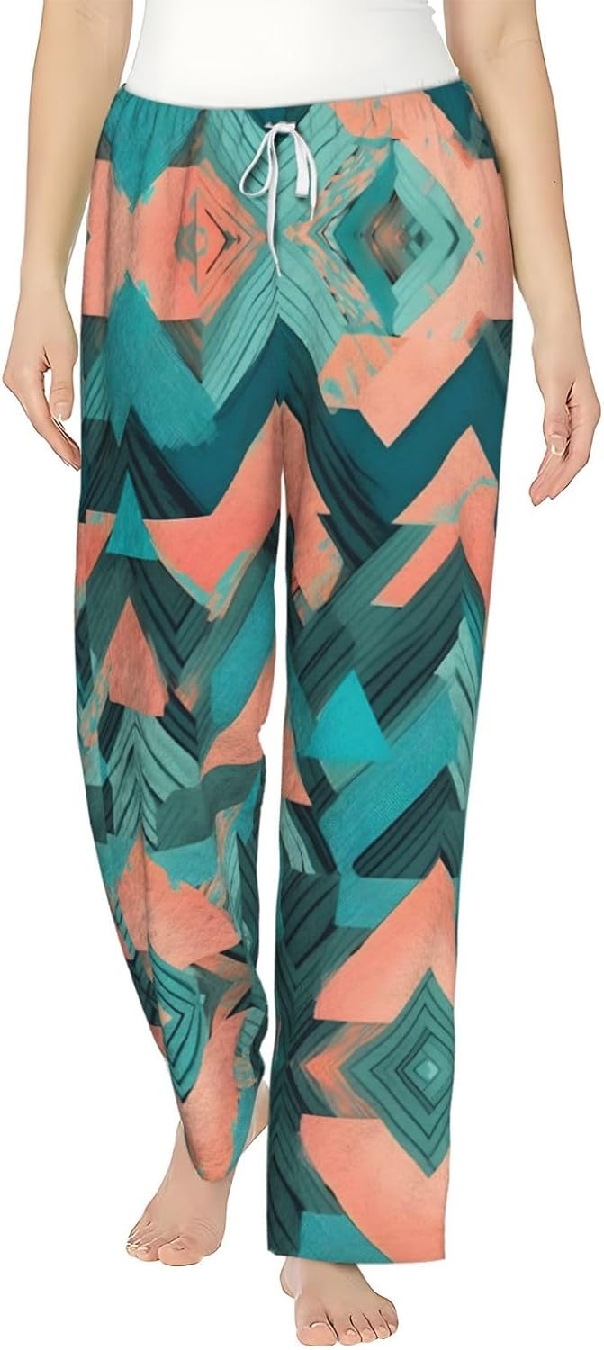 Coral And Teal Arrows Print Cozy Flannel Pajama Pants For Women,Warm Christmas Pj Pants,Cute Fleece Pajamas